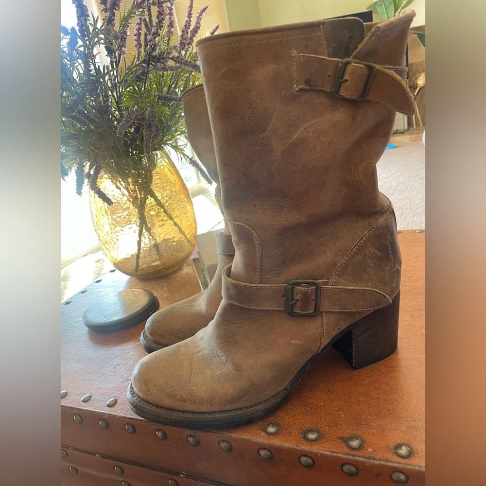 Freebird by Steven Distressed Tan Light Brown Leather Boulder Heeled Biker Boots